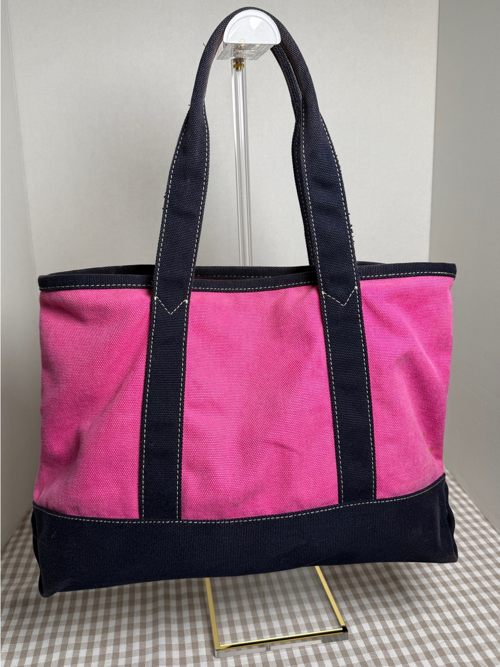 J Crew Pink and Navy Canvas Tote with Rivet Accents
